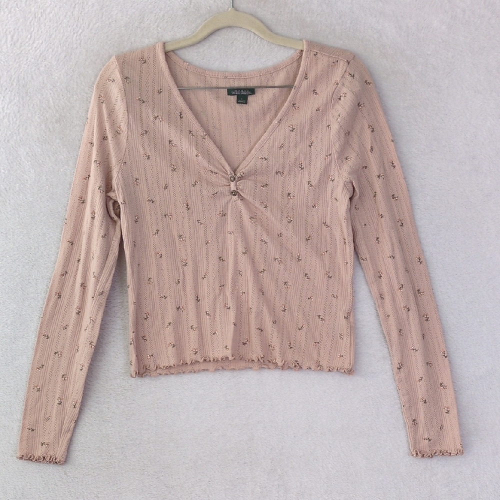 Wild Fable Juniors Pink Floral Lettuce Hem Henley Long Sleeve Shirt Size L
